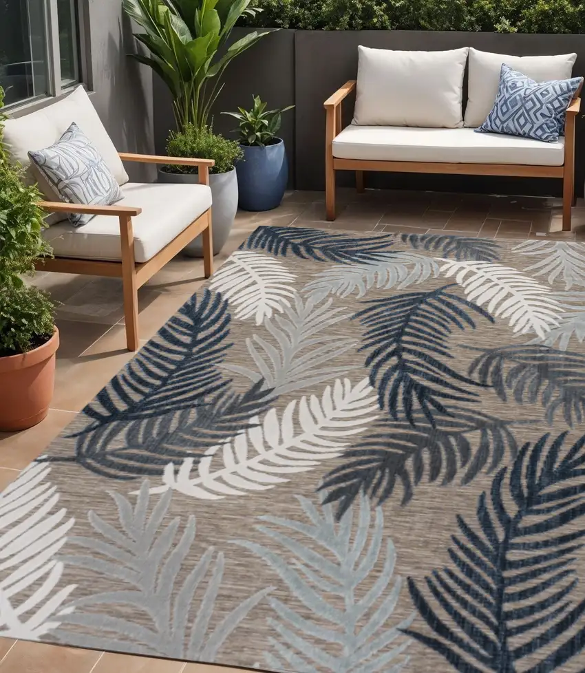 Brown Navy Blue And Ivory Floral Indoor Outdoor Area Rug Photo 1
