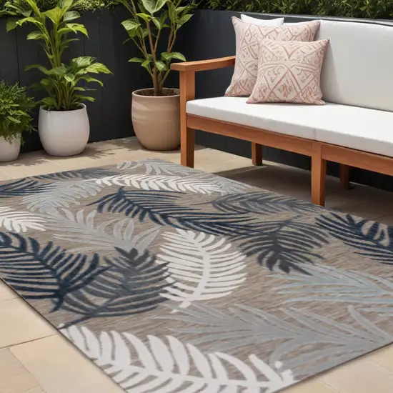 Brown Navy Blue And Ivory Floral Indoor Outdoor Area Rug Photo 1