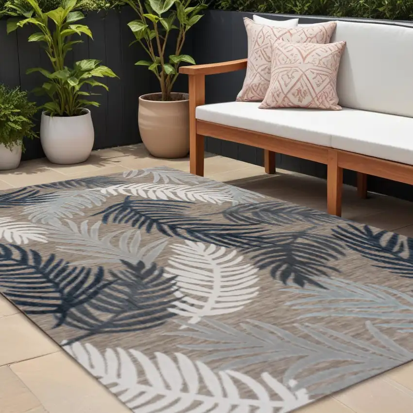 Brown Navy Blue And Ivory Floral Indoor Outdoor Area Rug Photo 1