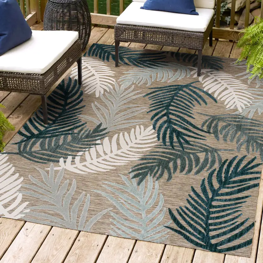 Brown Navy Blue And Ivory Floral Indoor Outdoor Area Rug Photo 9