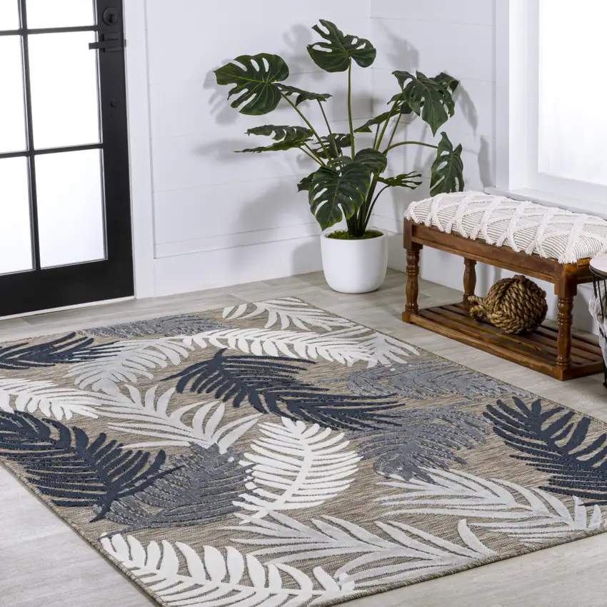 Brown Navy Blue And Ivory Floral Indoor Outdoor Area Rug Photo 8