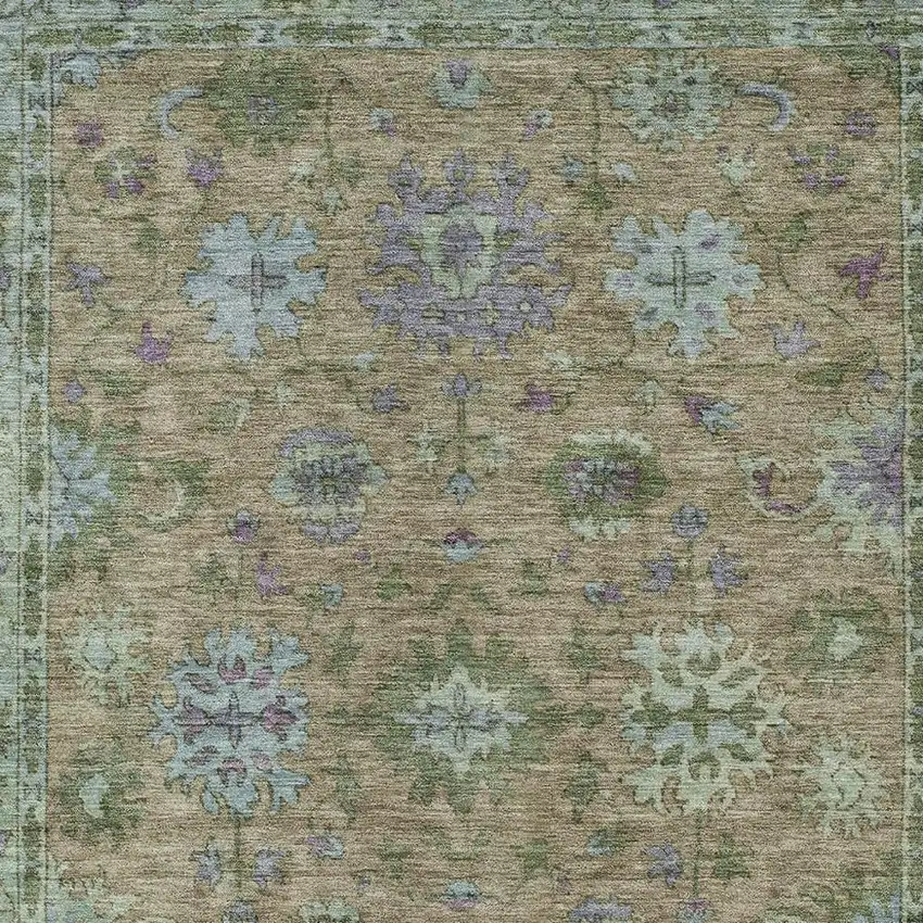 Brown Olive Green And Lavender Floral Washable Indoor Outdoor Area Rug Photo 4