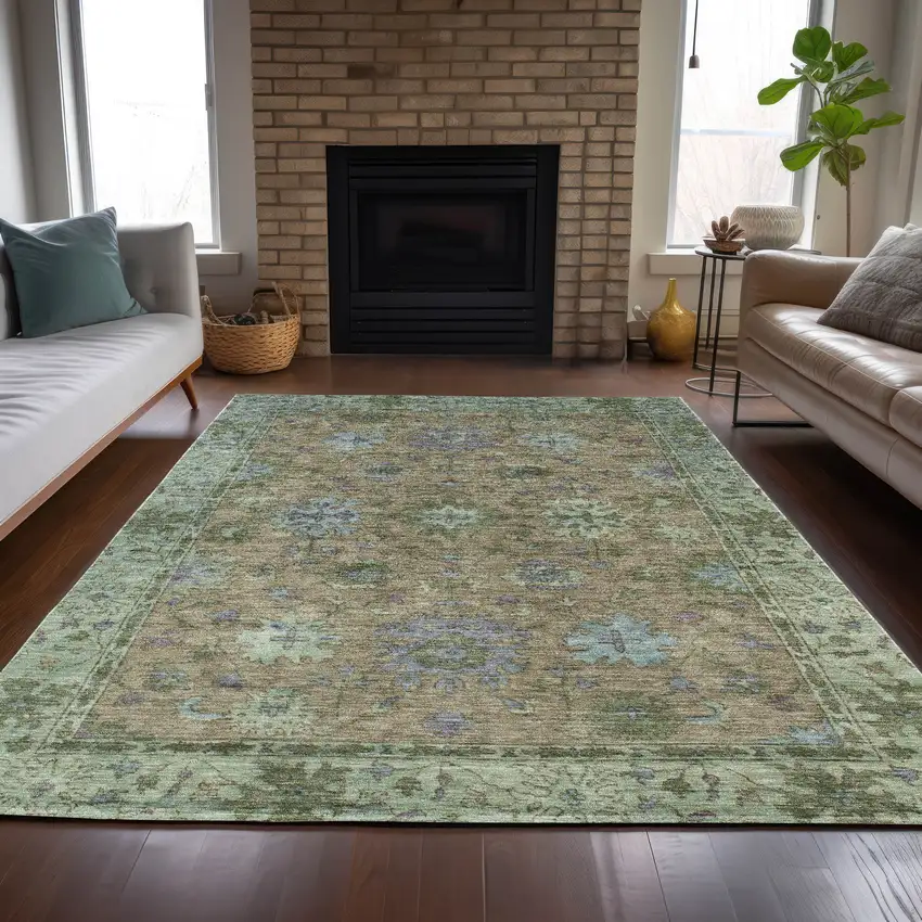 Brown Olive Green And Lavender Floral Washable Indoor Outdoor Area Rug Photo 7