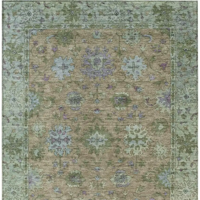 Brown Olive Green And Lavender Floral Washable Indoor Outdoor Area Rug Photo 6