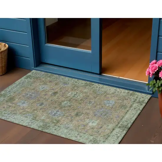 Brown Olive Green And Lavender Floral Washable Indoor Outdoor Area Rug Photo 2