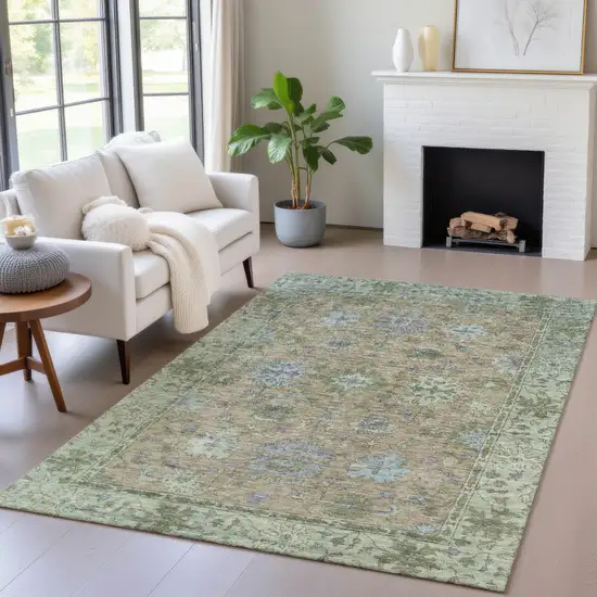 Brown Olive Green And Lavender Floral Washable Indoor Outdoor Area Rug Photo 6