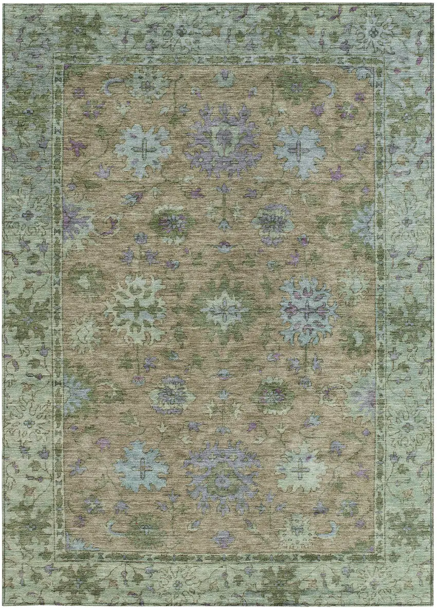Brown Olive Green And Lavender Floral Washable Indoor Outdoor Area Rug Photo 4