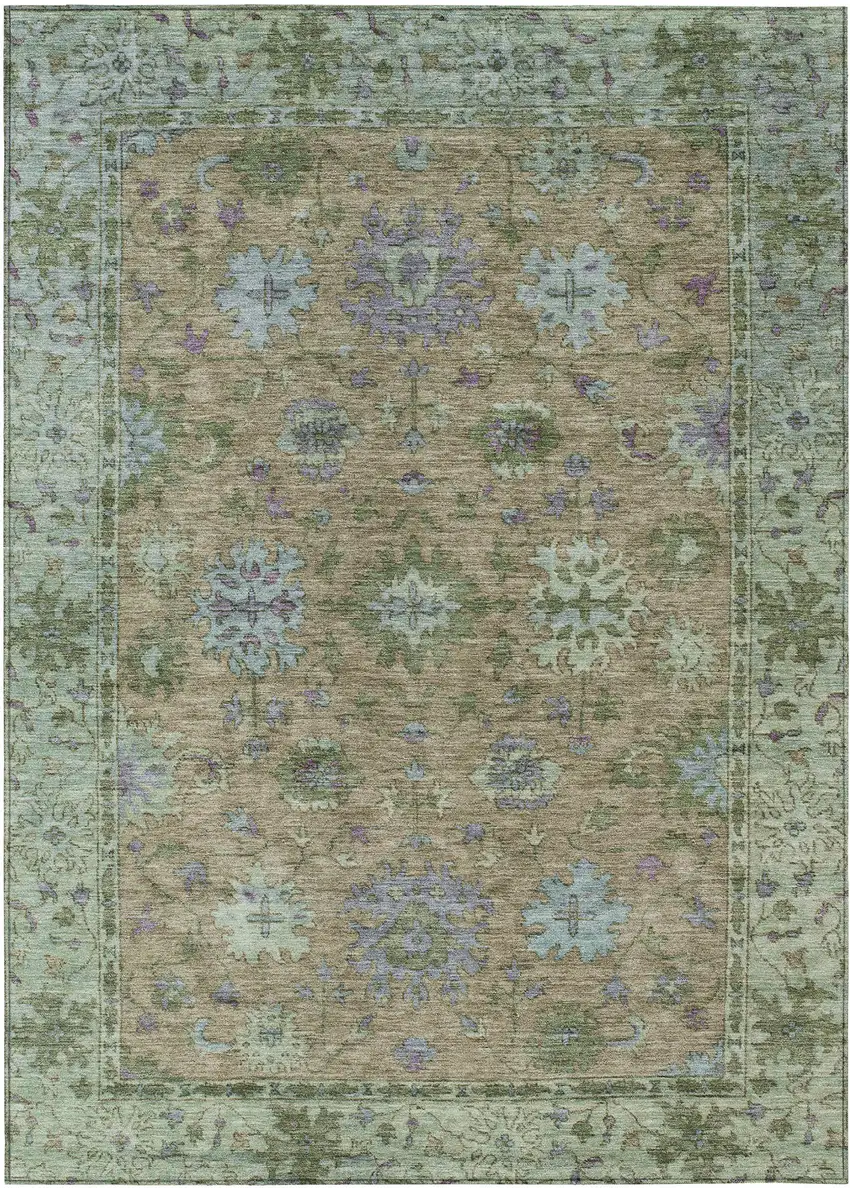 Brown Olive Green And Lavender Floral Washable Indoor Outdoor Area Rug Photo 1