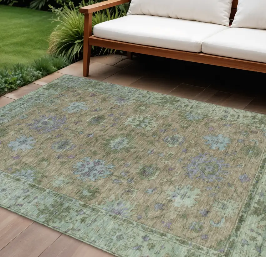Brown Olive Green And Lavender Floral Washable Indoor Outdoor Area Rug Photo 2