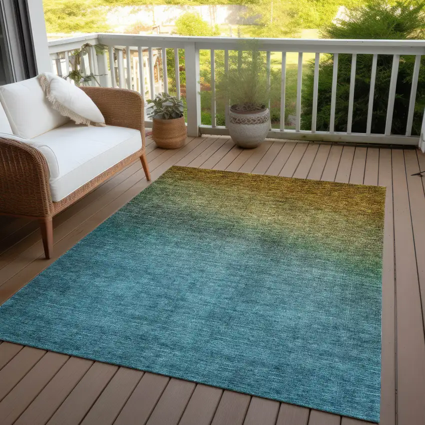 Brown Blue And Taupe Ombre Washable Indoor Outdoor Area Rug Photo 6