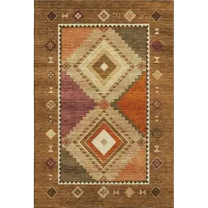 Photo of Brown Orange And Beige Geometric Washable Area Rug With UV Protection