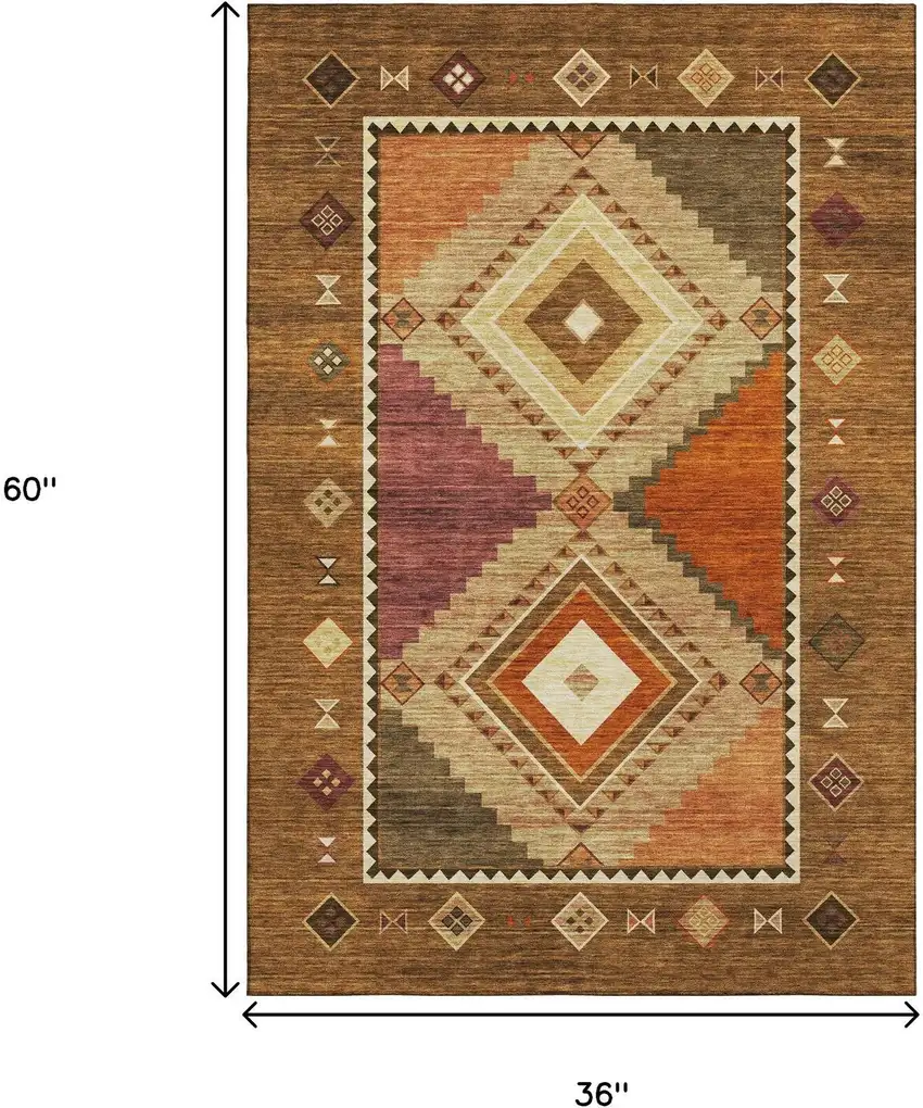 Brown Orange And Beige Geometric Washable Area Rug With UV Protection Photo 3
