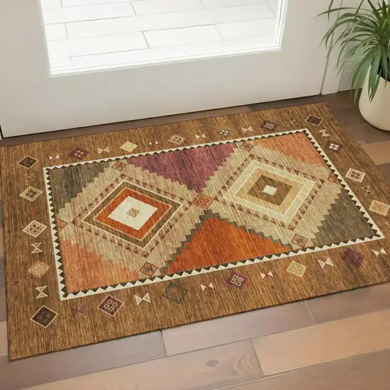 Brown Orange And Beige Geometric Washable Area Rug With UV Protection Photo 1