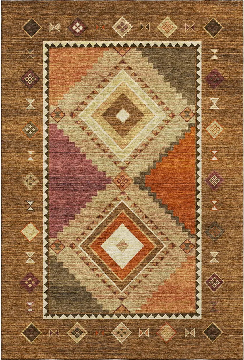 Brown Orange And Beige Geometric Washable Area Rug With UV Protection Photo 1