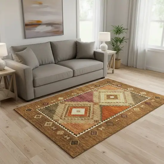 Brown Orange And Beige Geometric Washable Area Rug With UV Protection Photo 1