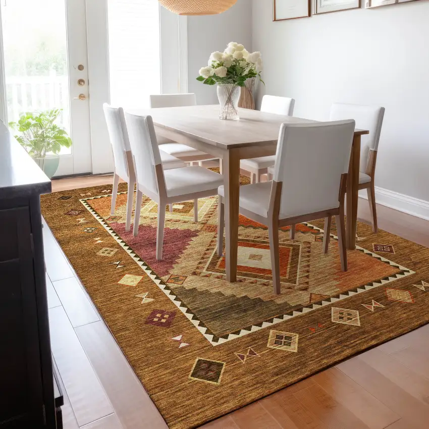 Brown Orange And Beige Geometric Washable Area Rug With UV Protection Photo 6