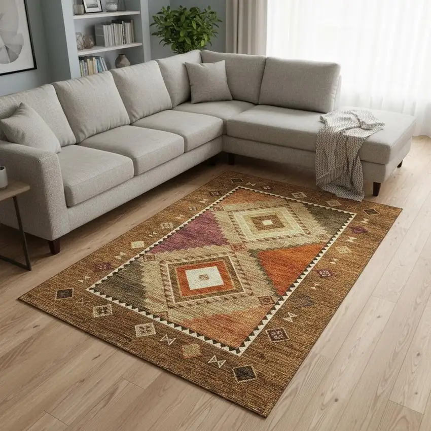 Brown Orange And Beige Geometric Washable Area Rug With UV Protection Photo 1