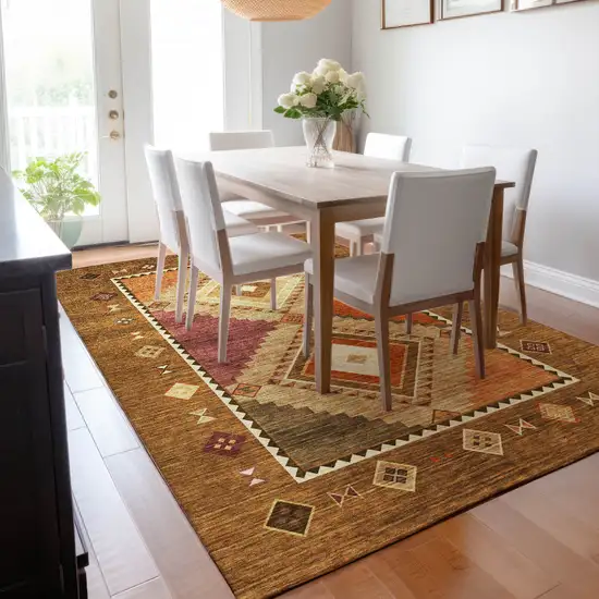 Brown Orange And Beige Geometric Washable Area Rug With UV Protection Photo 6