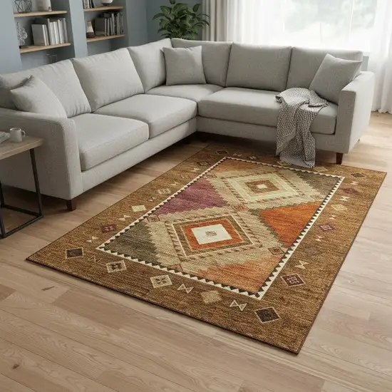 Brown Orange And Beige Geometric Washable Area Rug With UV Protection Photo 1