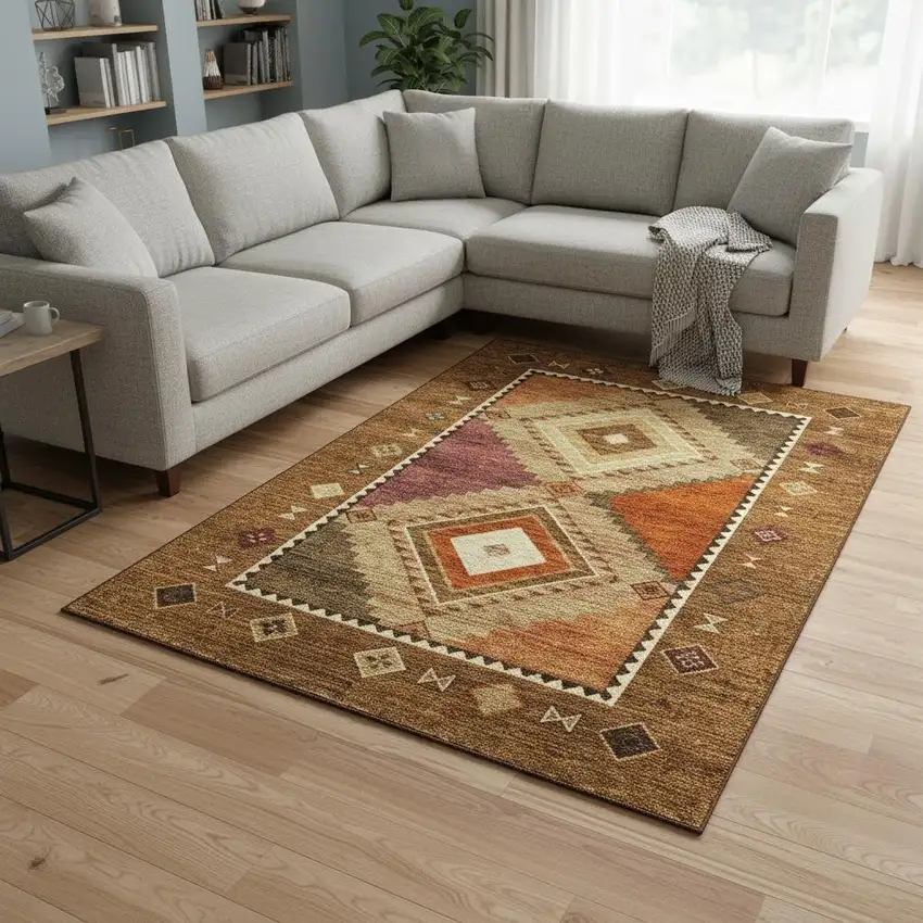 Brown Orange And Beige Geometric Washable Area Rug With UV Protection Photo 1