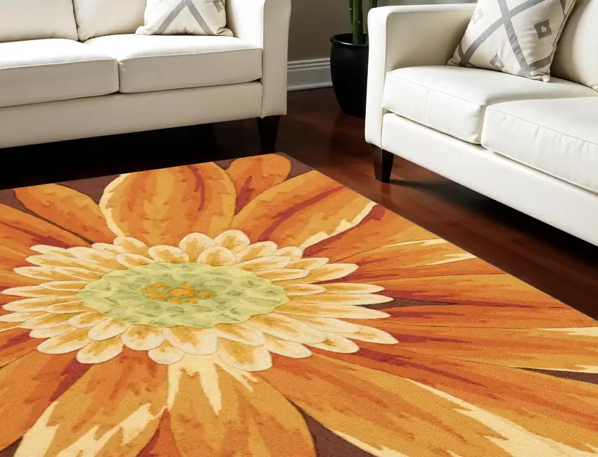 Brown Orange and Yellow Floral Hand Carved Handmade Area Rug Photo 1