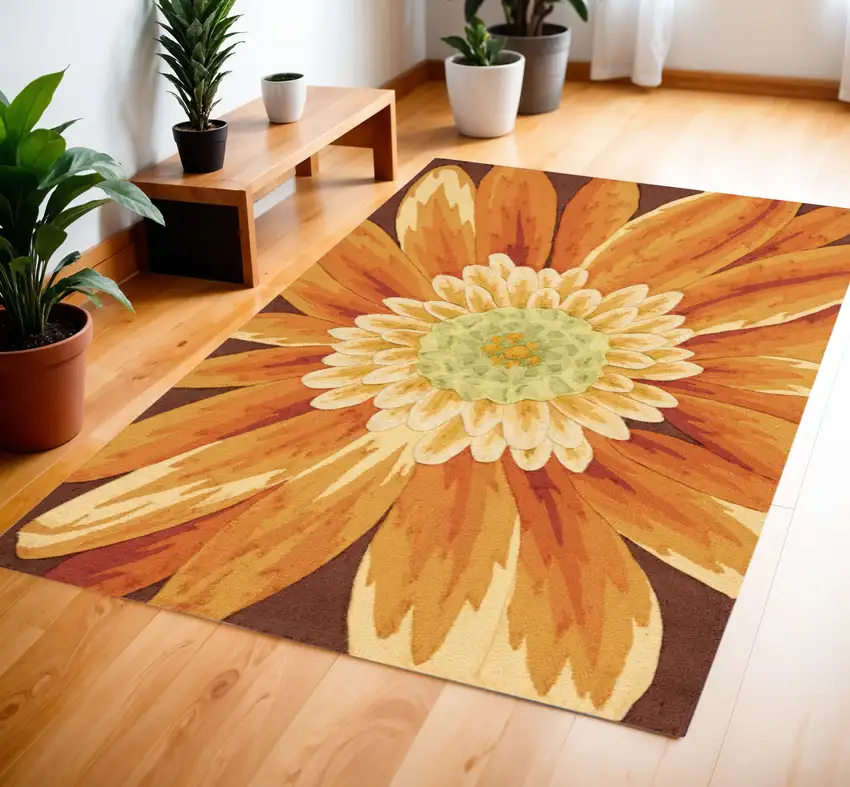 Brown Orange and Yellow Floral Hand Carved Handmade Area Rug Photo 1