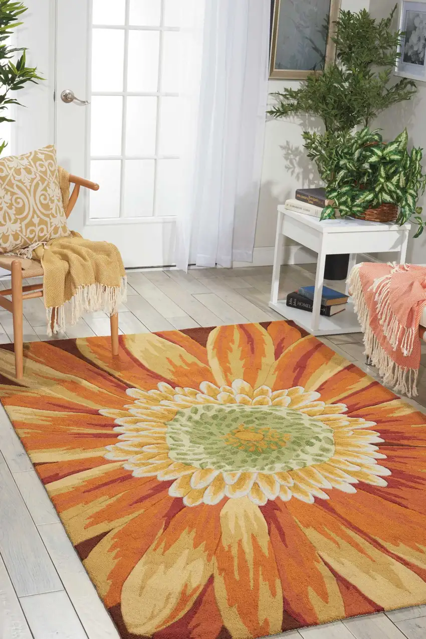 Brown Orange and Yellow Floral Hand Carved Handmade Area Rug Photo 8