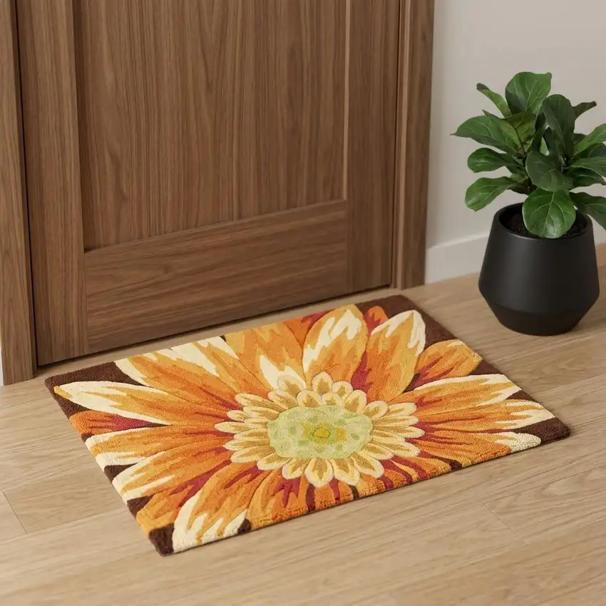 Brown Orange and Yellow Floral Hand Carved Handmade Area Rug Photo 1