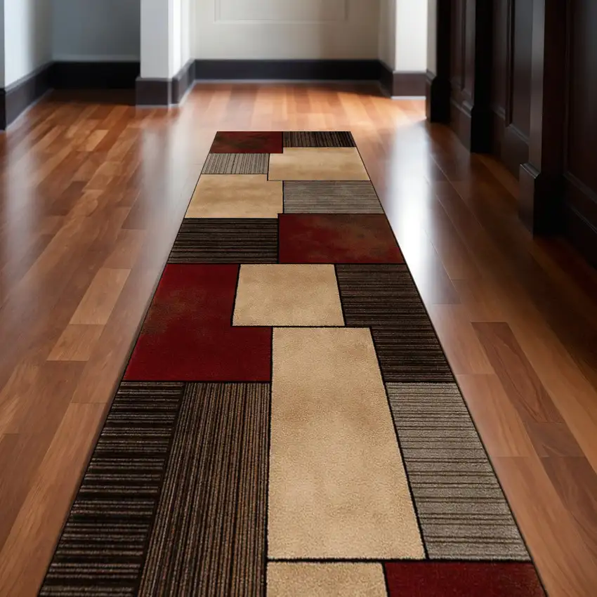 10' Beige And Brown Abstract Shag Runner Rug Photo 2