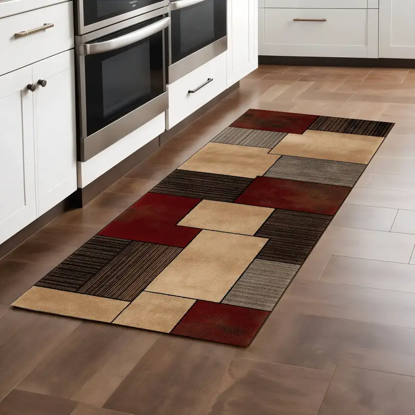 8' Beige And Brown Abstract Shag Runner Rug Photo 1