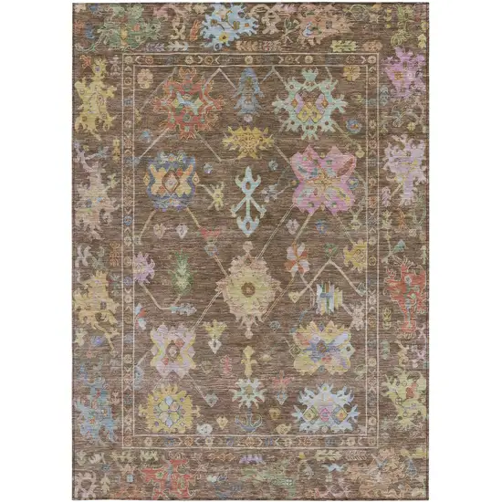 Brown Pink And Blue Floral Washable Indoor Outdoor Area Rug Photo 5