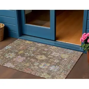 Photo of Brown Pink And Blue Floral Washable Indoor Outdoor Area Rug