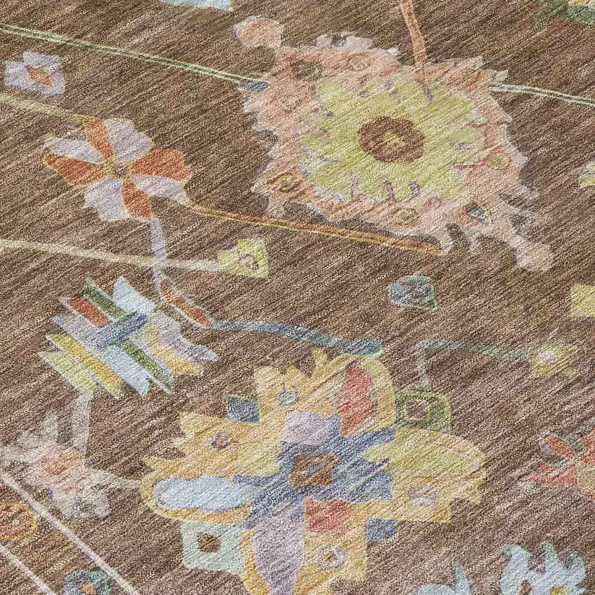 Brown Pink And Blue Floral Washable Indoor Outdoor Area Rug Photo 6