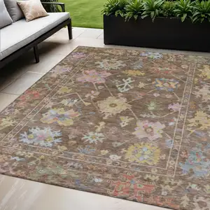 Photo of Brown Pink And Blue Floral Washable Indoor Outdoor Area Rug