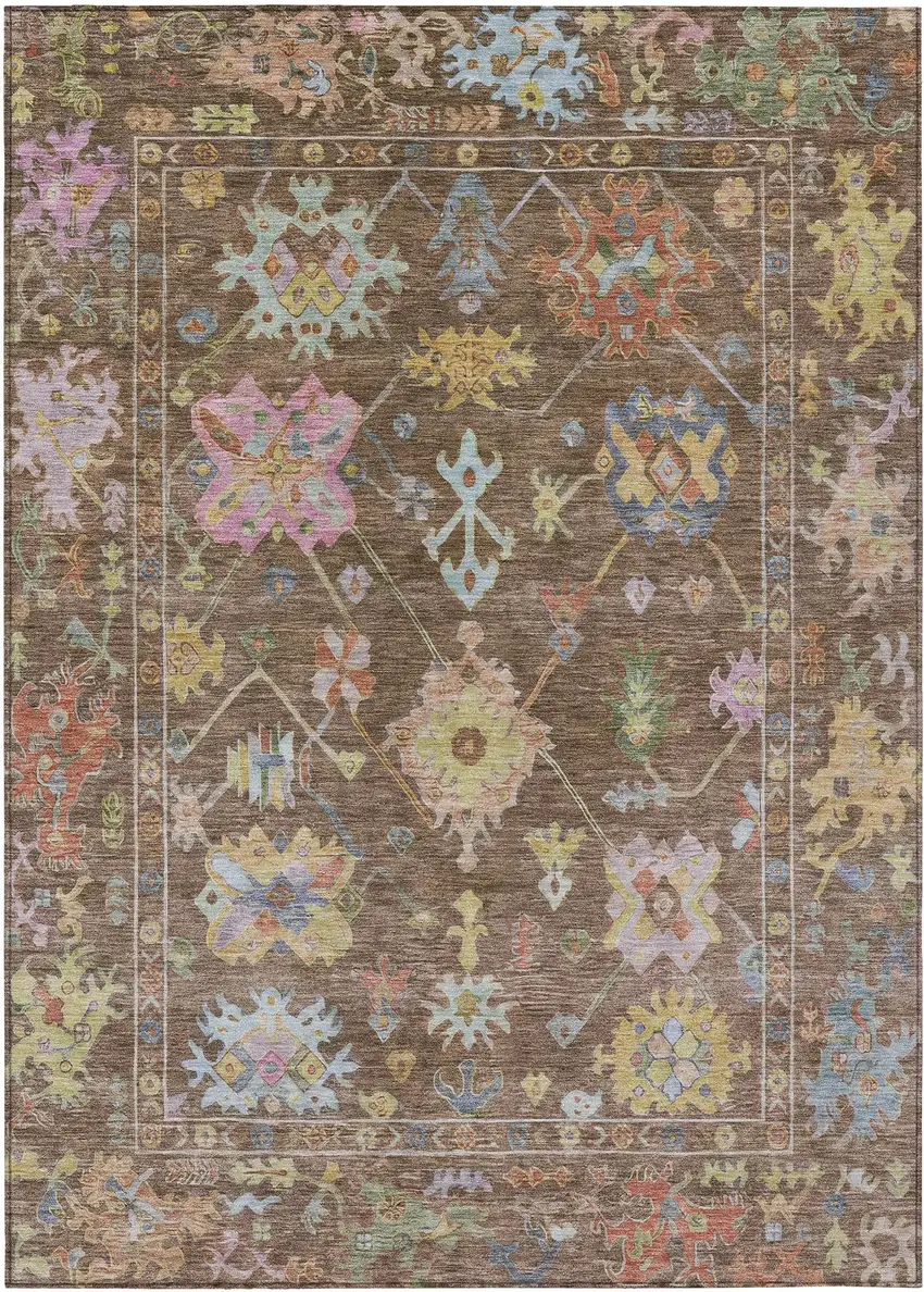 Brown Pink And Blue Floral Washable Indoor Outdoor Area Rug Photo 2