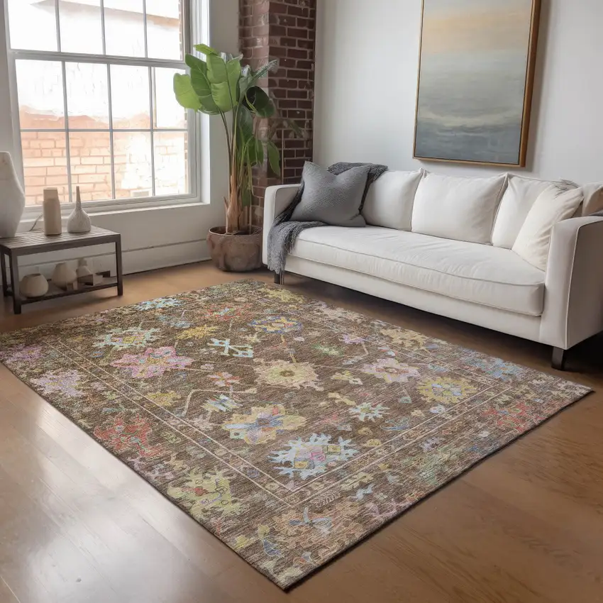 Brown Pink And Blue Floral Washable Indoor Outdoor Area Rug Photo 9