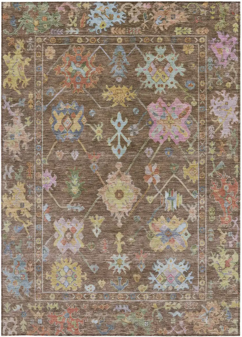 Brown Pink And Blue Floral Washable Indoor Outdoor Area Rug Photo 5