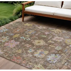 Photo of Brown Pink And Blue Floral Washable Indoor Outdoor Area Rug