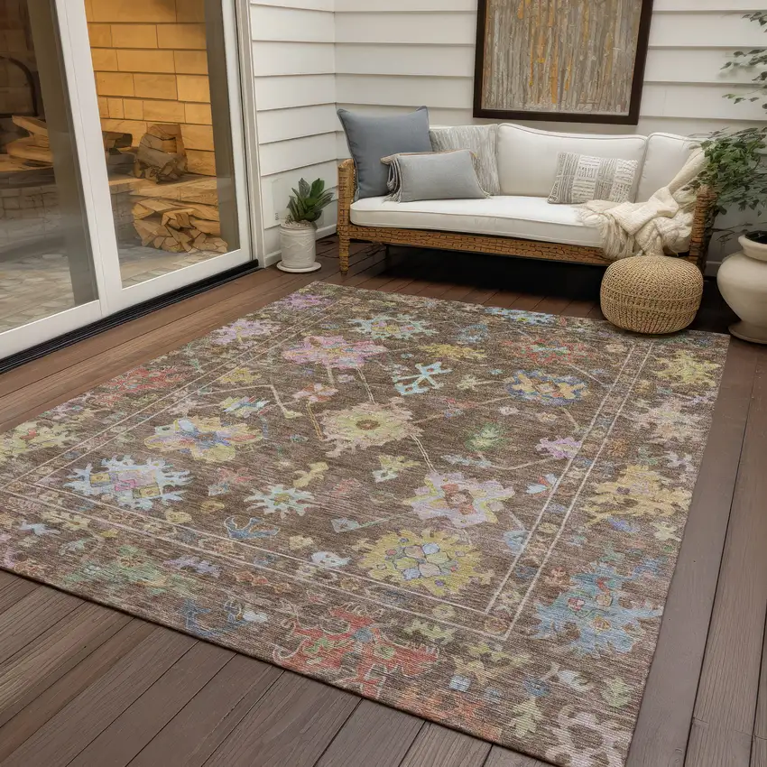 Brown Pink And Blue Floral Washable Indoor Outdoor Area Rug Photo 9