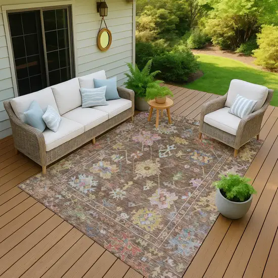 Brown Pink And Blue Floral Washable Indoor Outdoor Area Rug Photo 7