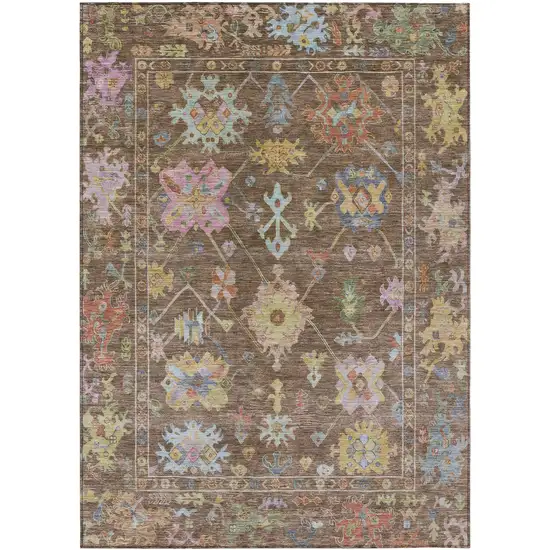 Brown Pink And Blue Floral Washable Indoor Outdoor Area Rug Photo 2