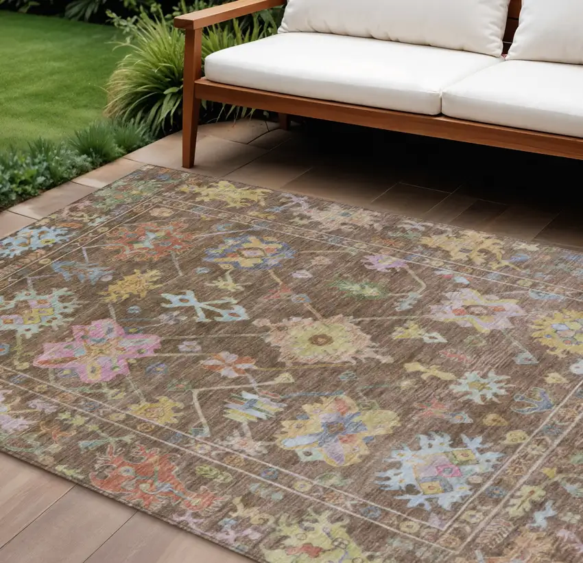 Brown Pink And Blue Floral Washable Indoor Outdoor Area Rug Photo 1