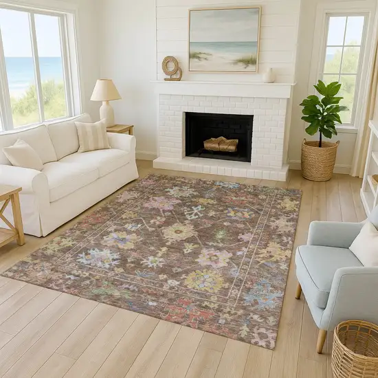 Brown Pink And Blue Floral Washable Indoor Outdoor Area Rug Photo 8