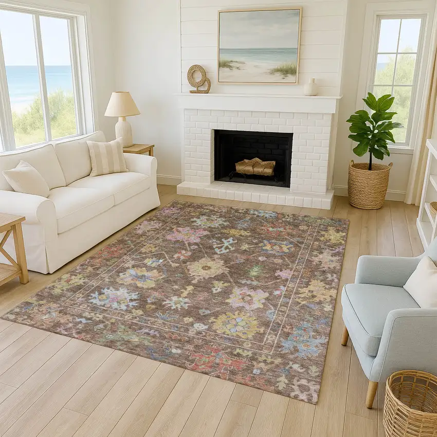 Brown Pink And Blue Floral Washable Indoor Outdoor Area Rug Photo 8