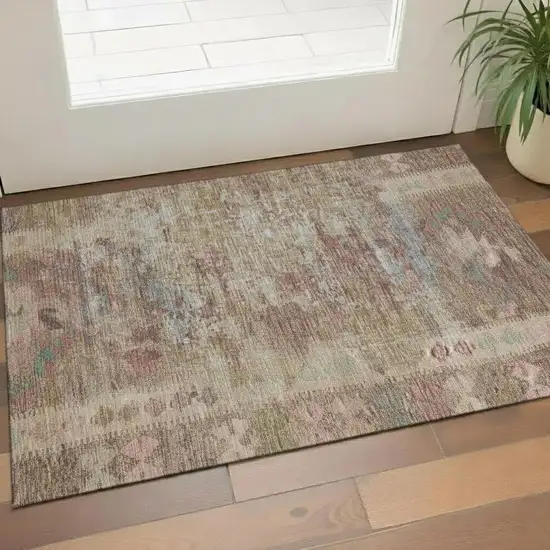 Brown Pink And Teal Geometric Washable Area Rug With UV Protection Photo 2