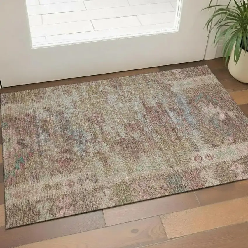 Brown Pink And Teal Geometric Washable Area Rug With UV Protection Photo 2