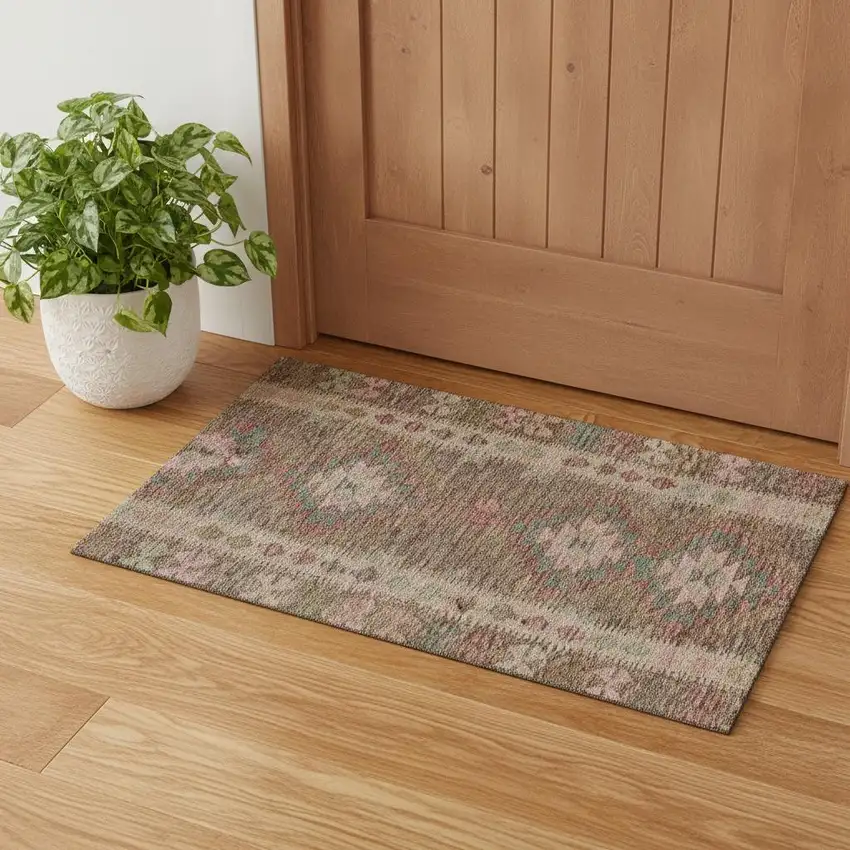 Brown Pink And Teal Geometric Washable Area Rug With UV Protection Photo 1