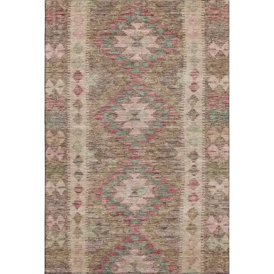Brown Pink And Teal Geometric Washable Area Rug With UV Protection Photo 1