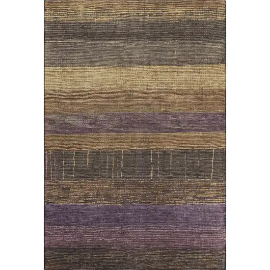 Brown Plum And Gold Striped Washable Area Rug With UV Protection Photo 3