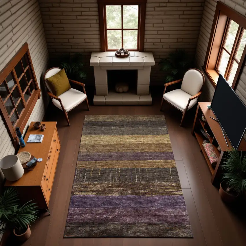 Brown Plum And Gold Striped Washable Area Rug With UV Protection Photo 2